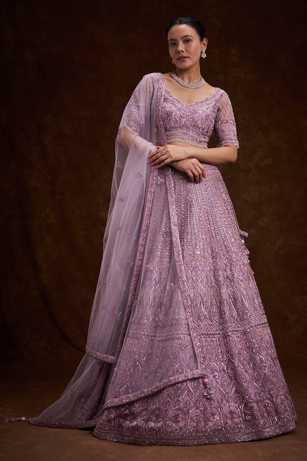 Lilac Net Bridal Lehenga with Sequins and Cutdana Work