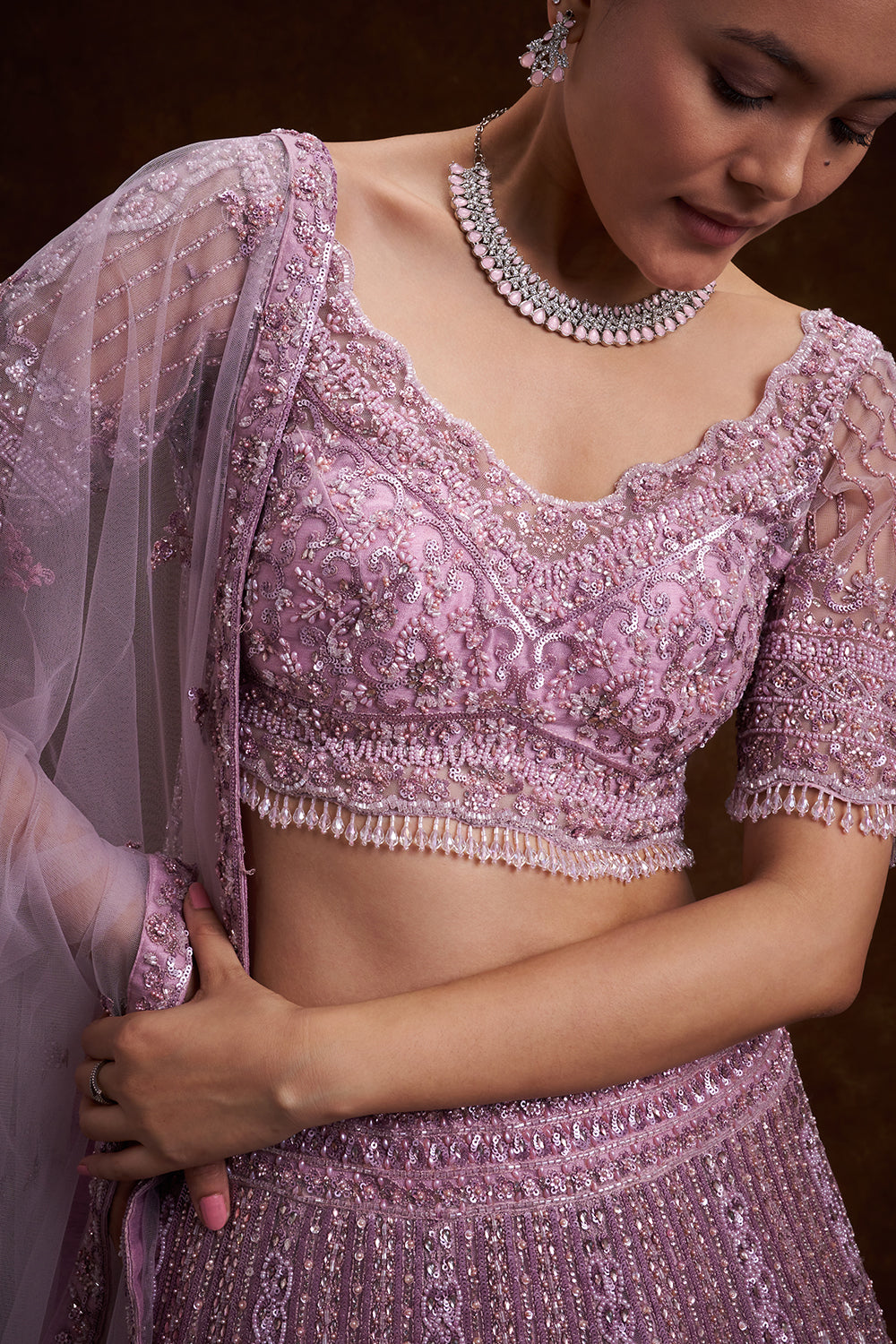 Lilac Net Bridal Lehenga with Sequins and Cutdana Work