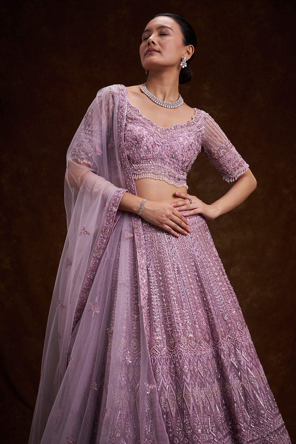 Lilac Net Bridal Lehenga with Sequins and Cutdana Work