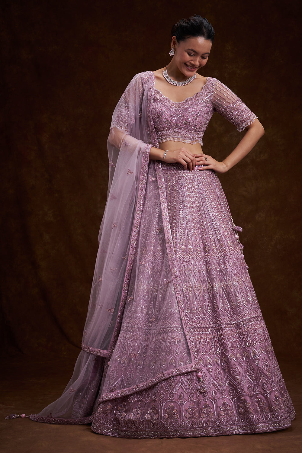 Lilac Net Bridal Lehenga with Sequins and Cutdana Work