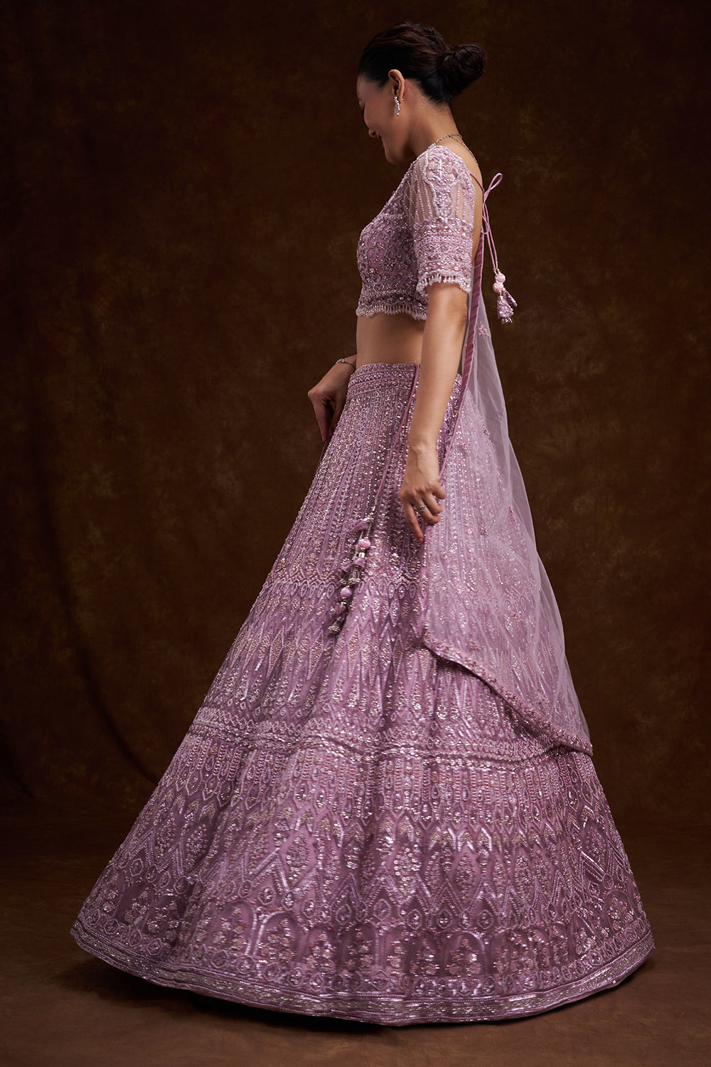 Lilac Net Bridal Lehenga with Sequins and Cutdana Work