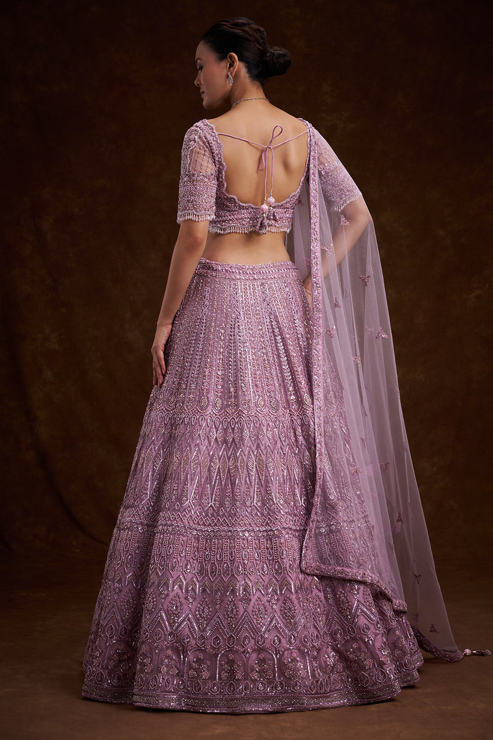 Lilac Net Bridal Lehenga with Sequins and Cutdana Work
