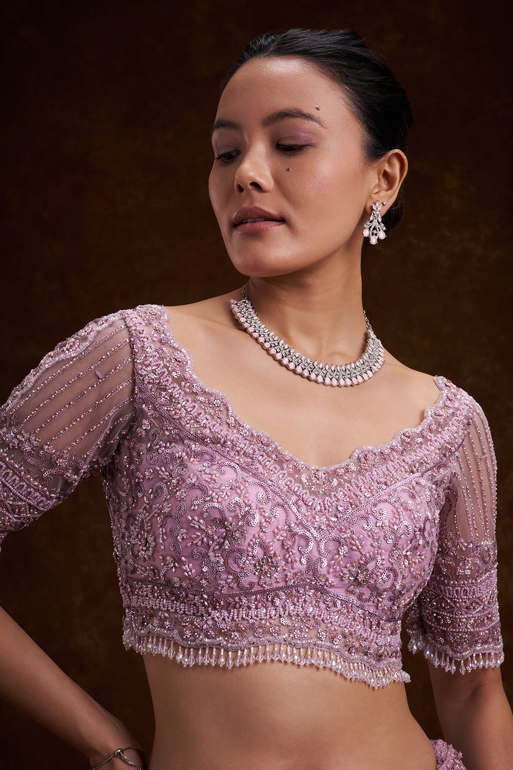 Lilac Net Bridal Lehenga with Sequins and Cutdana Work
