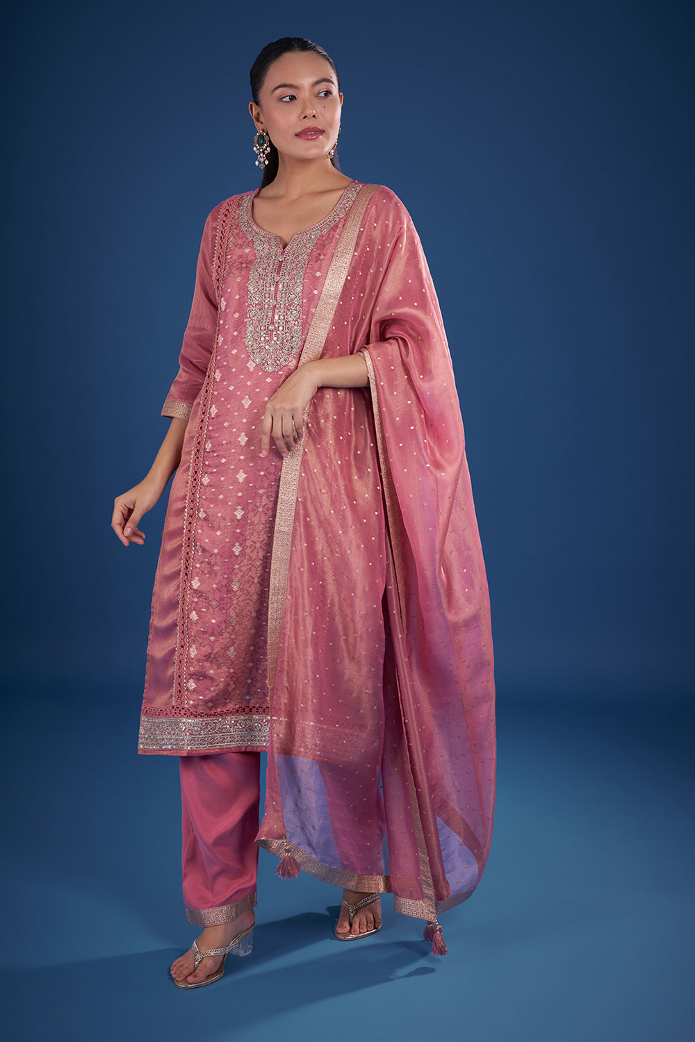 Onion Pink Chanderi Silk Kurta Set with Zari Embroidery
