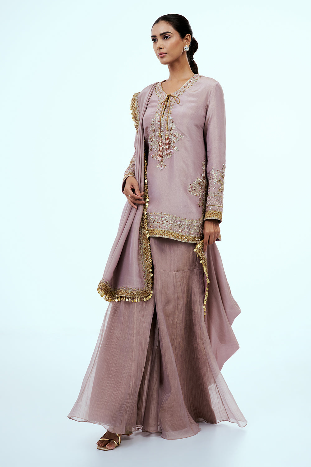 Onion Pink Crushed Tissue Palazzo with Aari Work