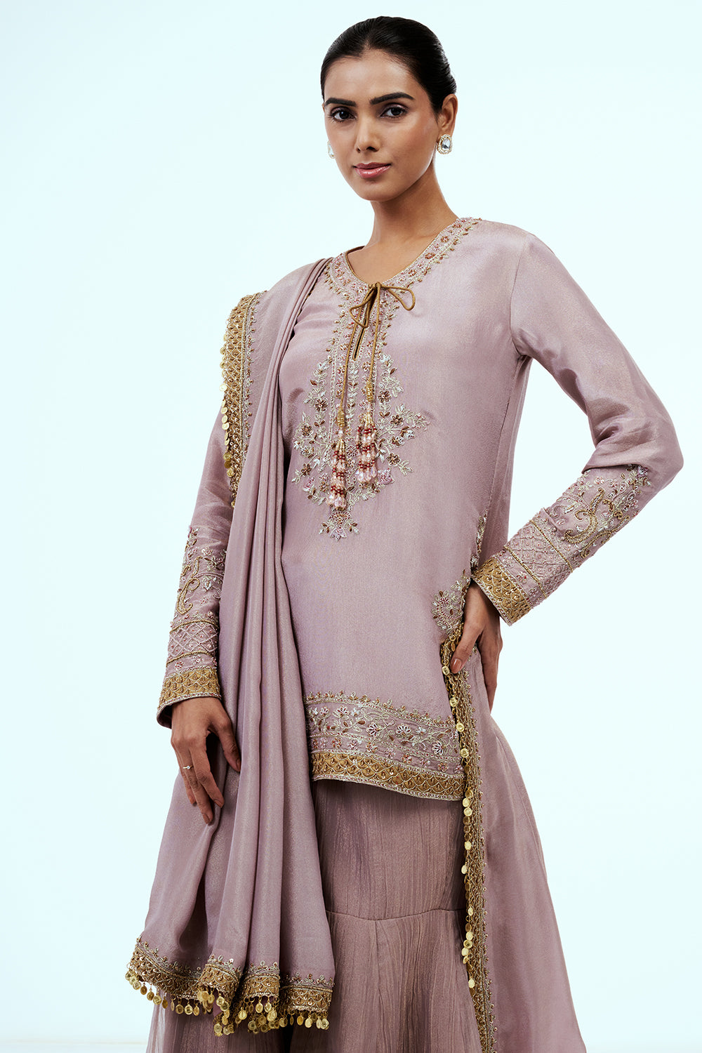 Onion Pink Crushed Tissue Palazzo with Aari Work