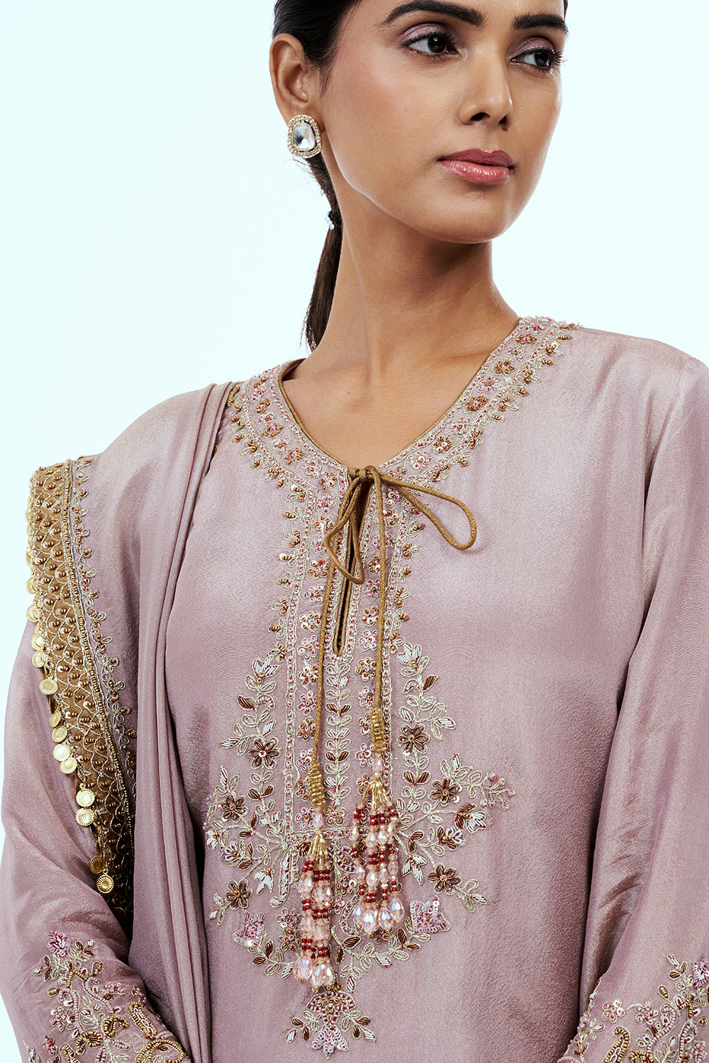 Onion Pink Crushed Tissue Palazzo with Aari Work