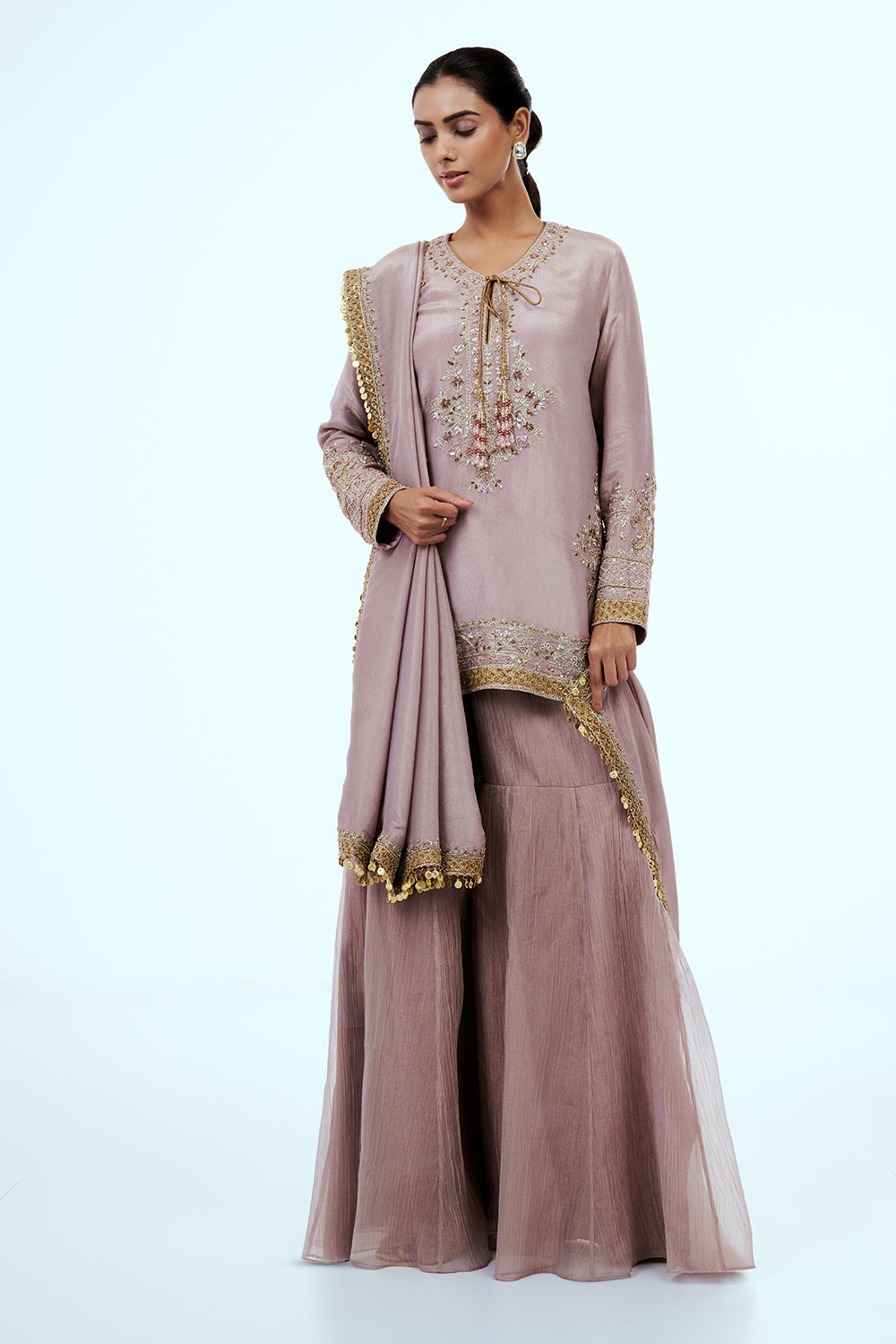 Onion Pink Crushed Tissue Palazzo with Aari Work