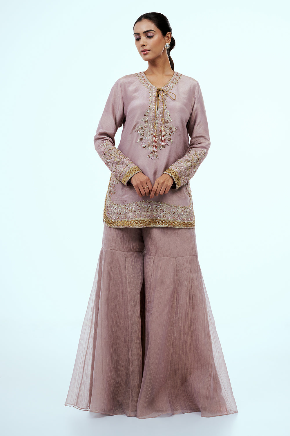 Onion Pink Crushed Tissue Palazzo with Aari Work
