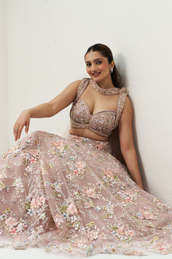 Onion Pink Embellished Net Festive Lehenga Set