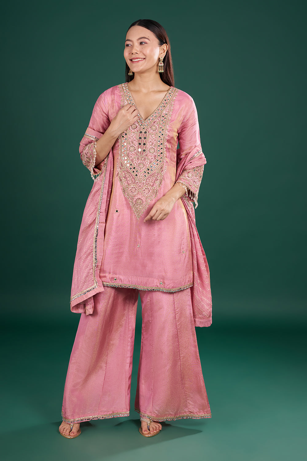 Onion Pink Kurta Set with Mirror Embroidery
