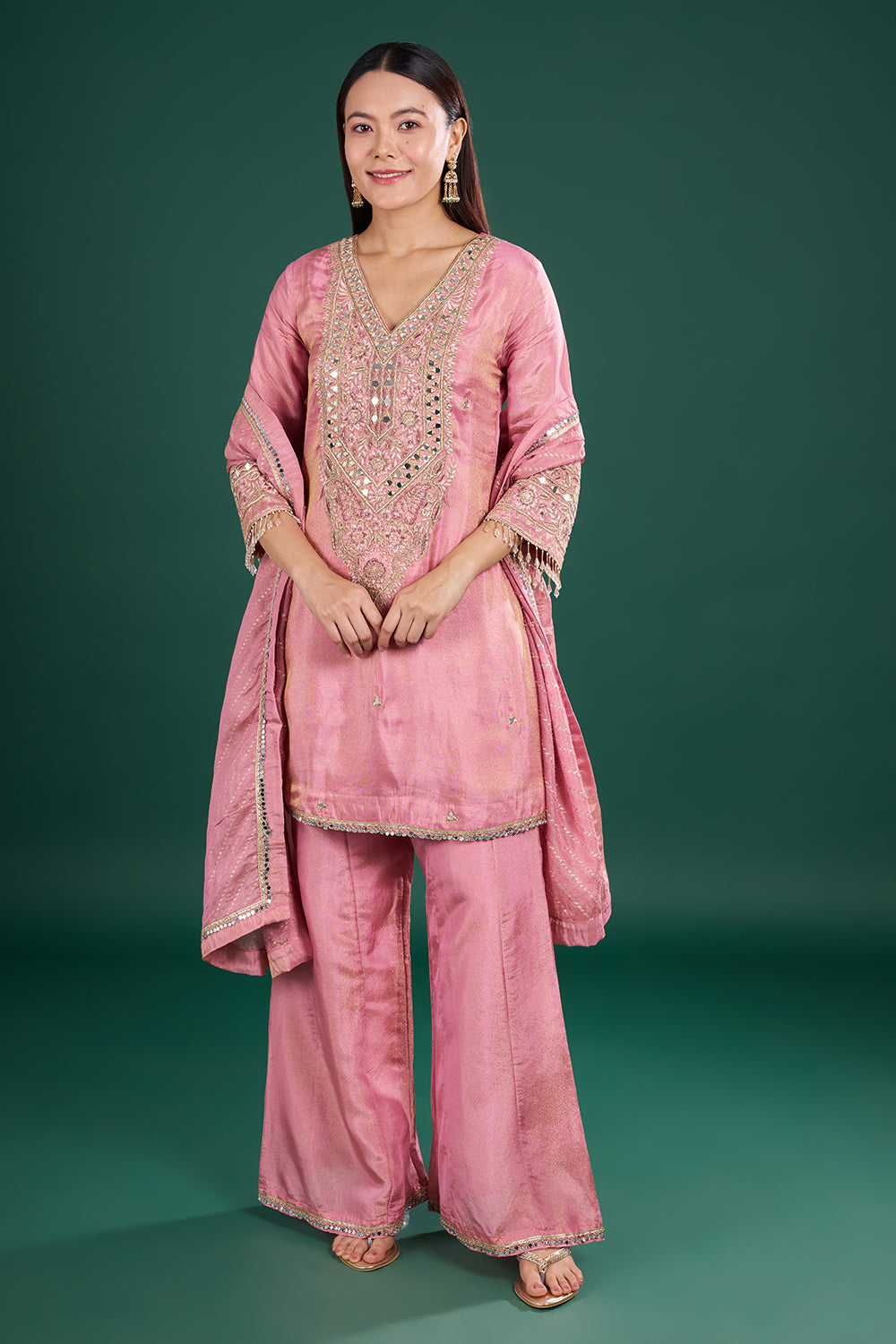 Onion Pink Kurta Set with Mirror Embroidery