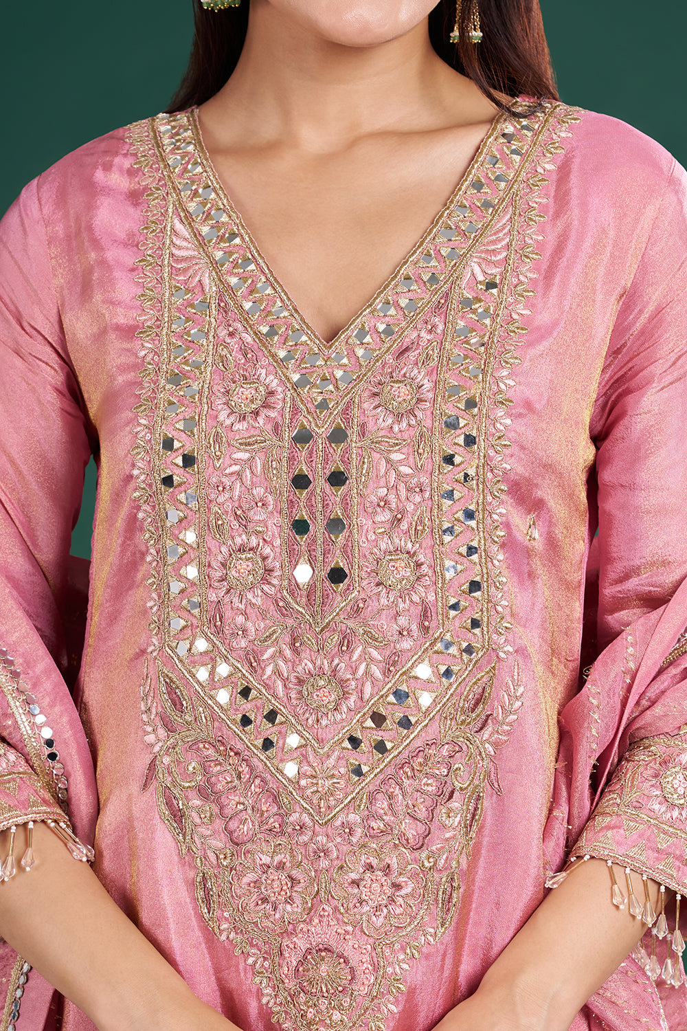 Onion Pink Kurta Set with Mirror Embroidery