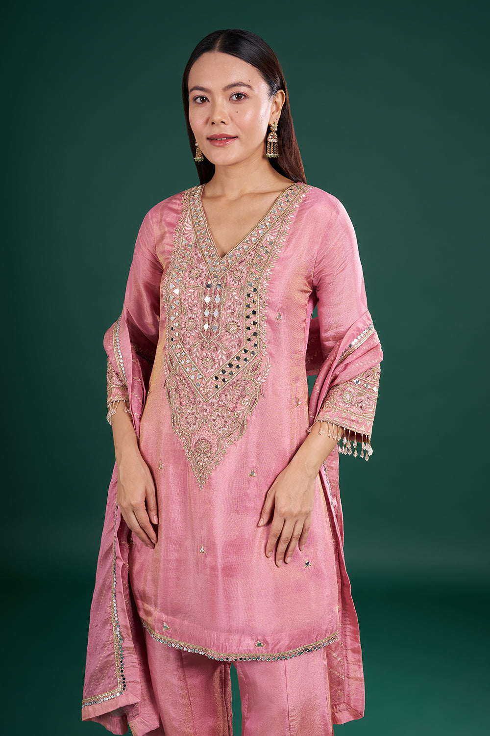 Onion Pink Kurta Set with Mirror Embroidery