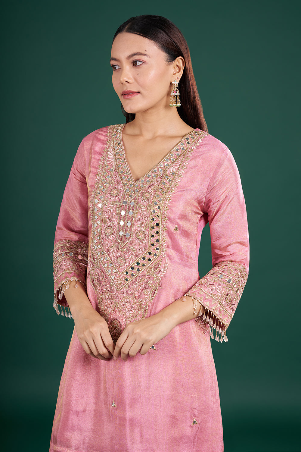 Onion Pink Kurta Set with Mirror Embroidery