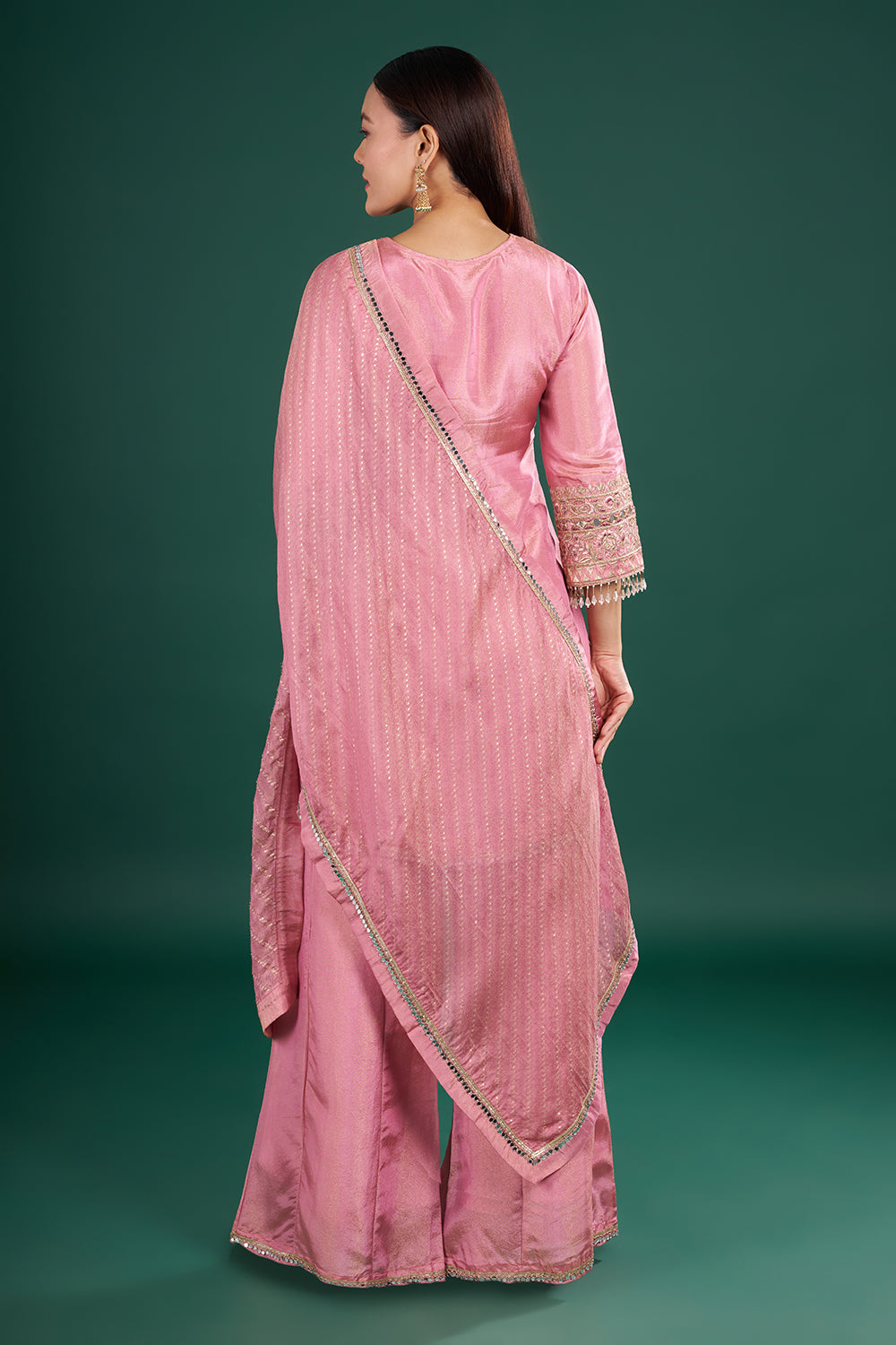 Onion Pink Kurta Set with Mirror Embroidery