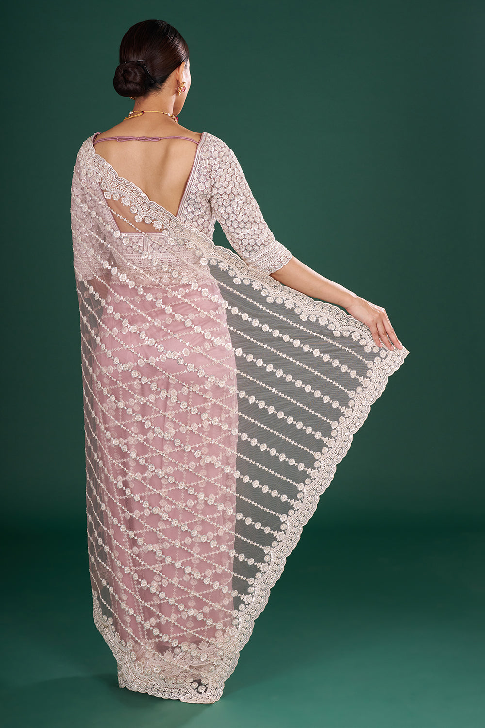 Onion Pink Net Saree with Scalloped Border and Stitched Blouse