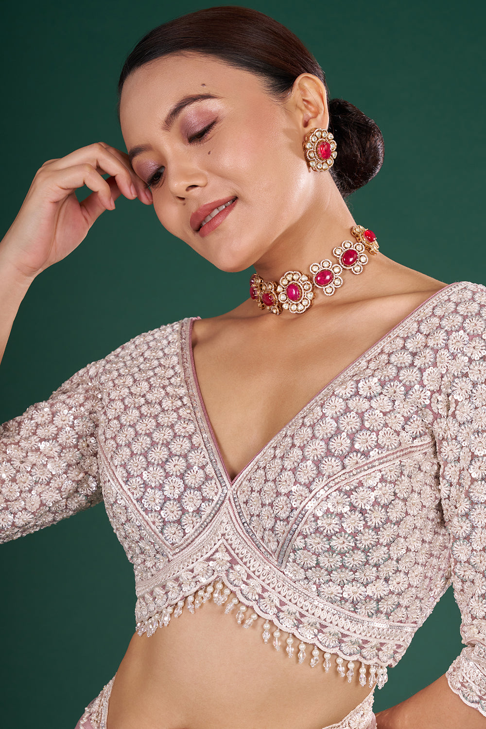 Onion Pink Net Saree with Scalloped Border and Stitched Blouse