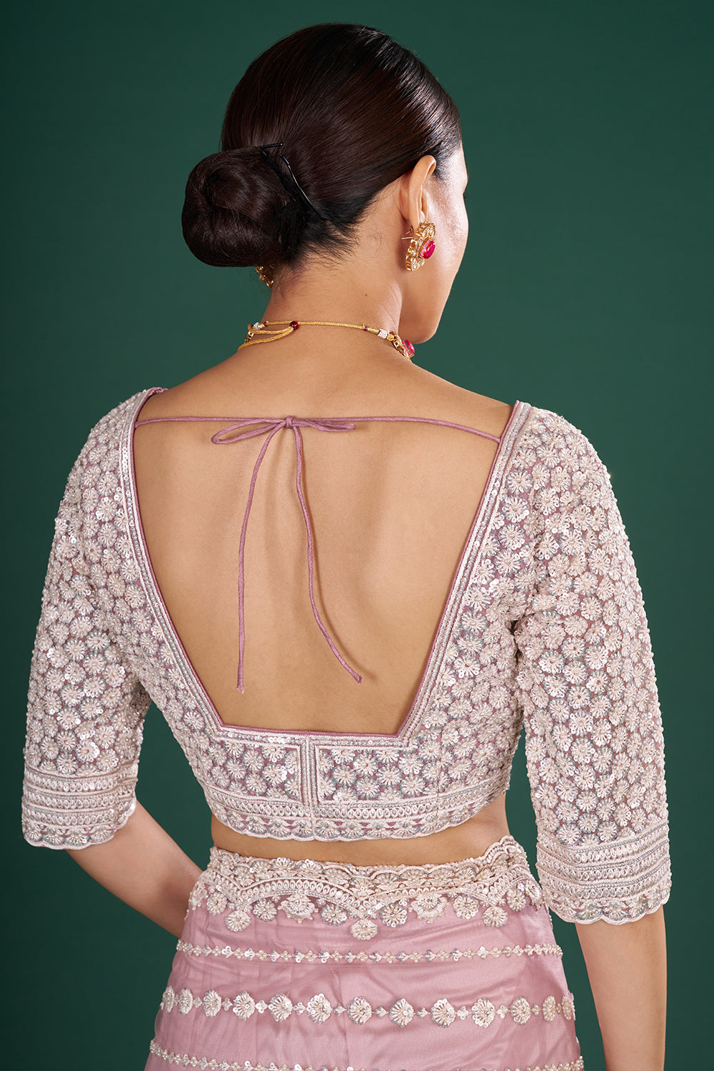 Onion Pink Net Saree with Scalloped Border and Stitched Blouse