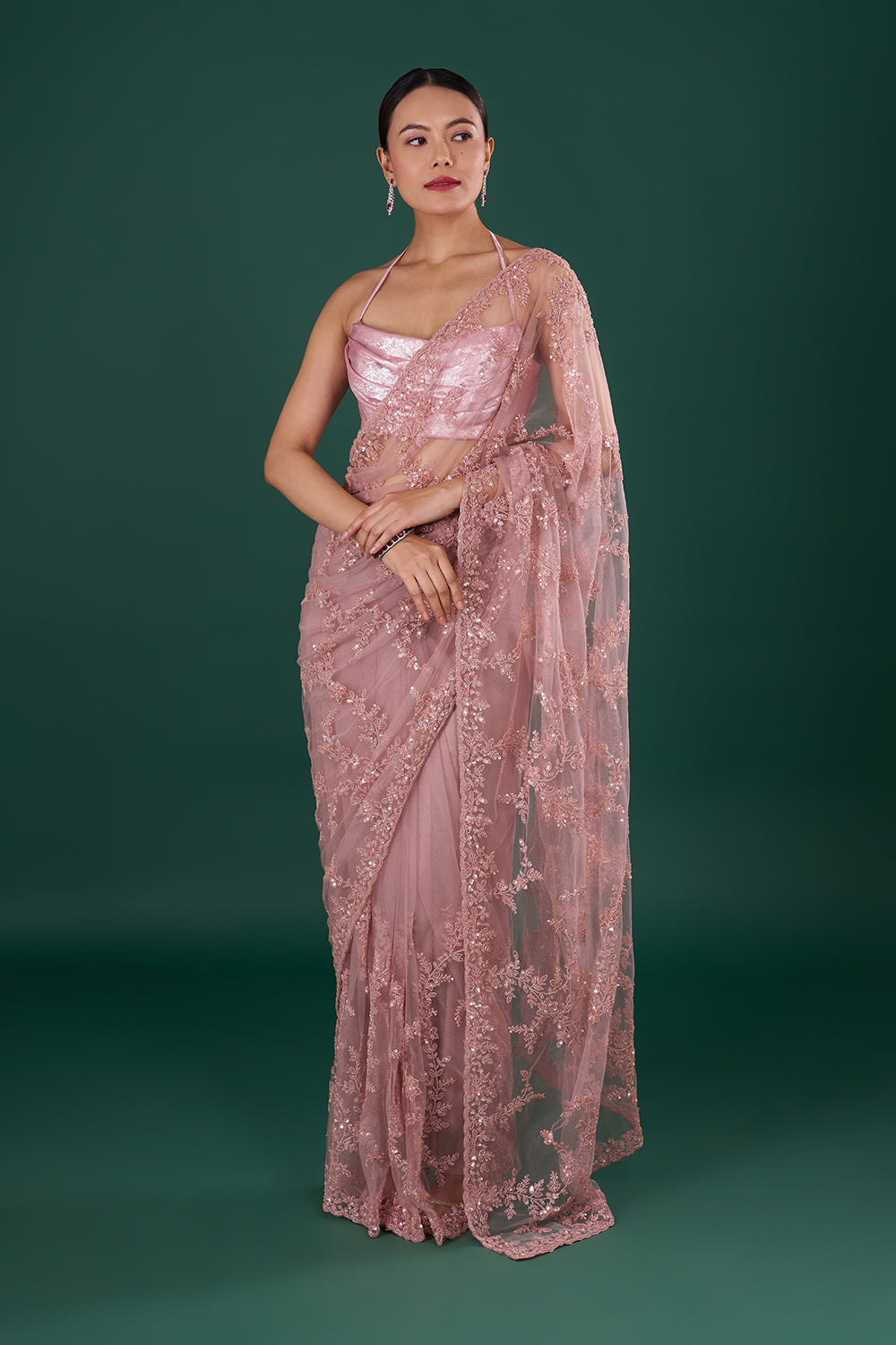 Onion Pink Net Saree with Sequin Embroidery
