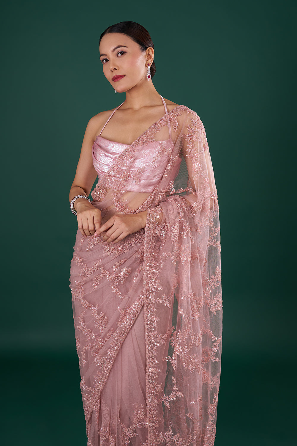 Onion Pink Net Saree with Sequin Embroidery