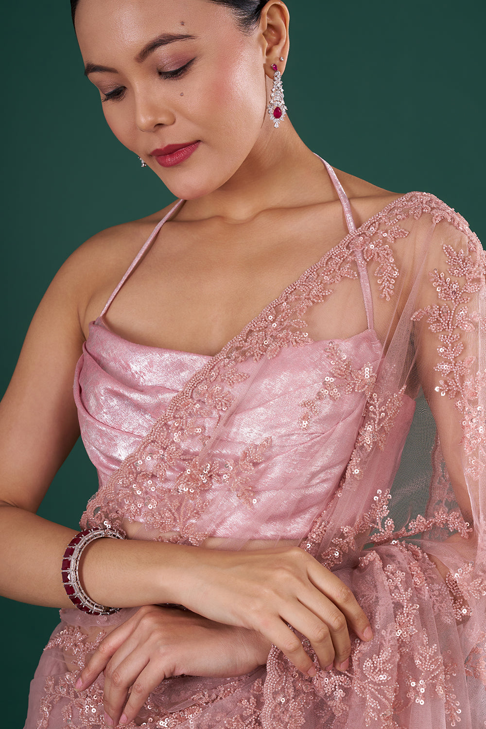 Onion Pink Net Saree with Sequin Embroidery