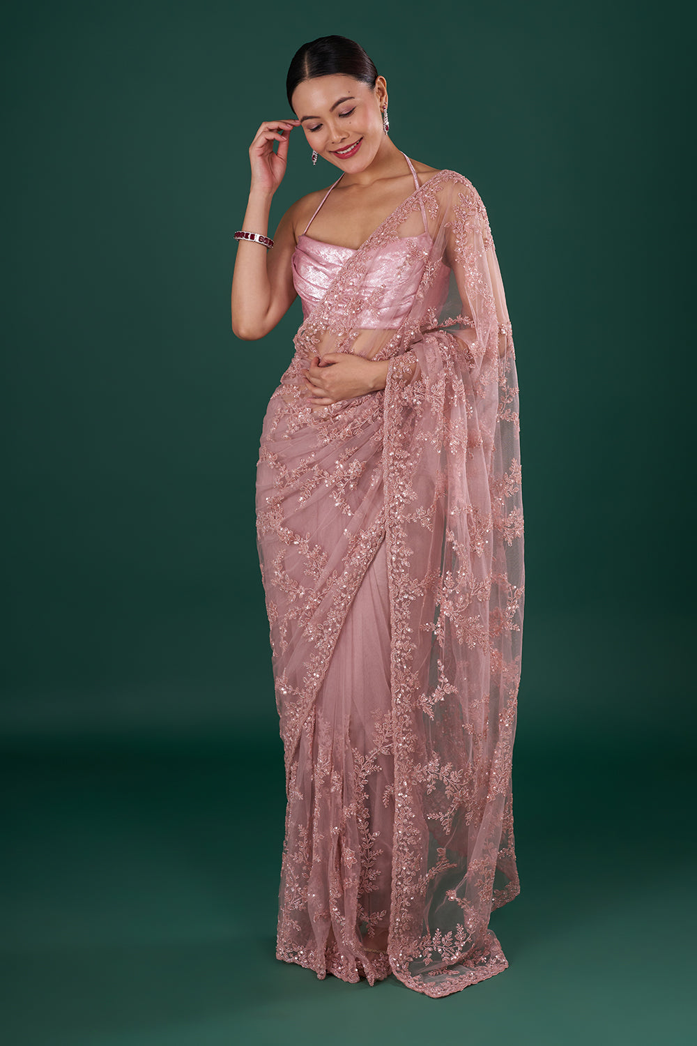 Onion Pink Net Saree with Sequin Embroidery