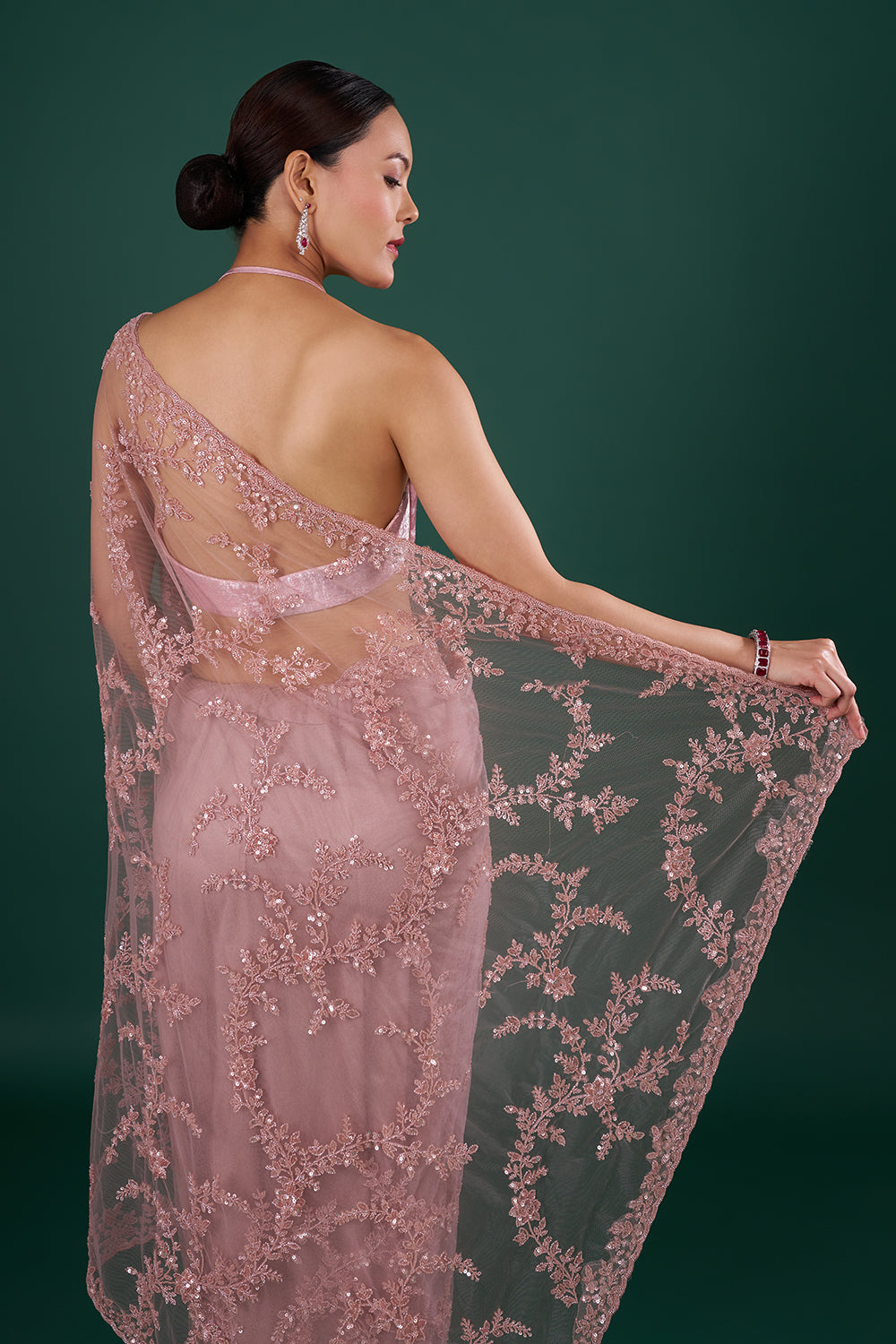 Onion Pink Net Saree with Sequin Embroidery