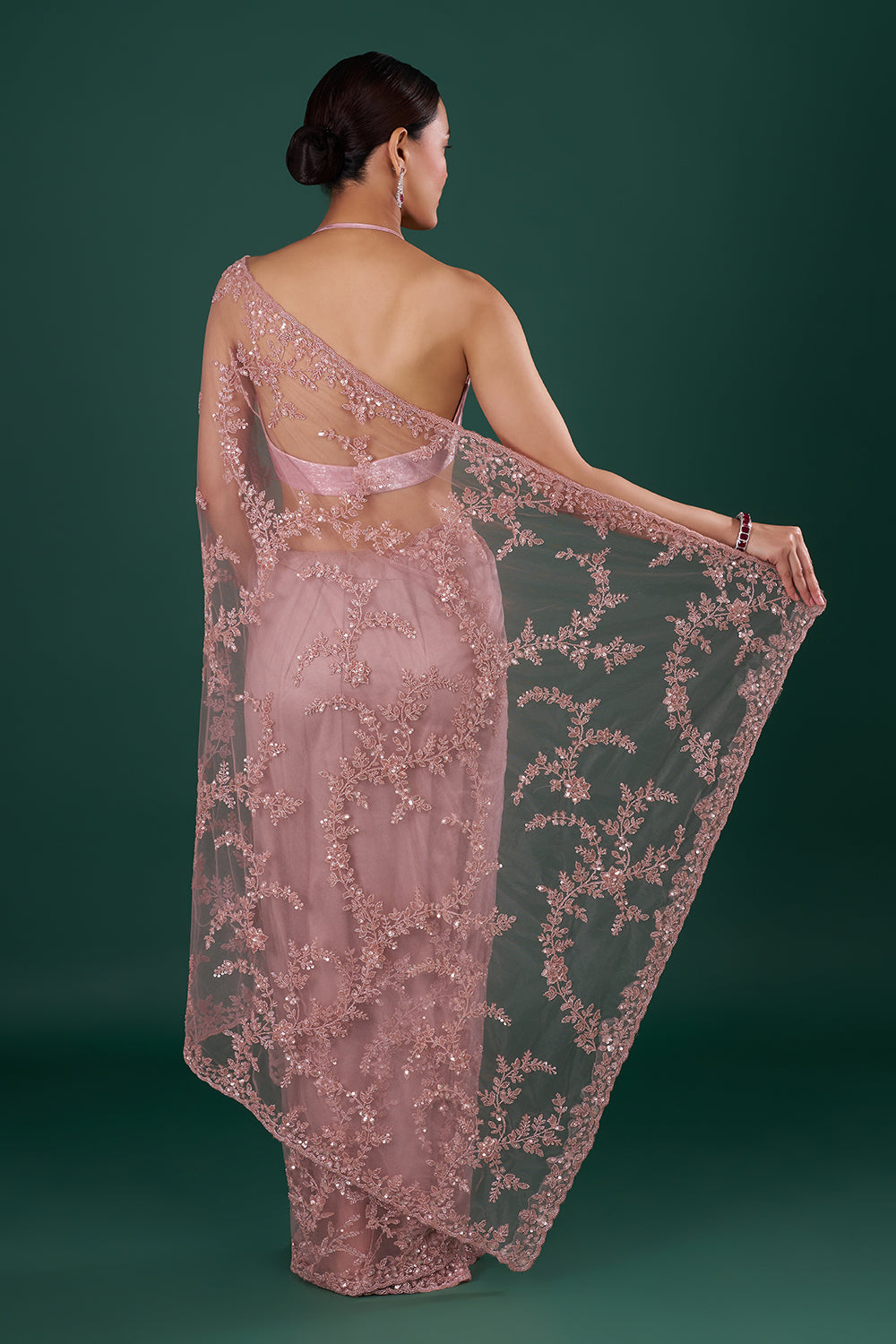 Onion Pink Net Saree with Sequin Embroidery