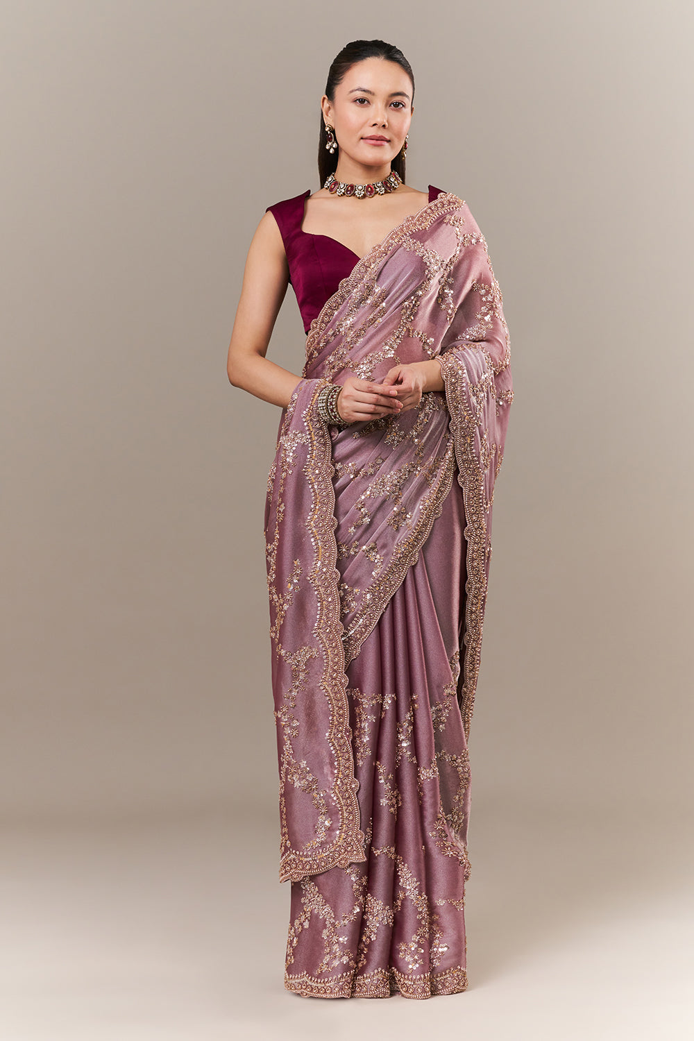 Onion Pink Organza Embroidered Saree with Sequin and Bead Work