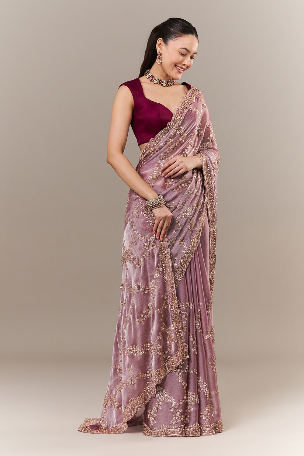 Onion Pink Organza Embroidered Saree with Sequin and Bead Work