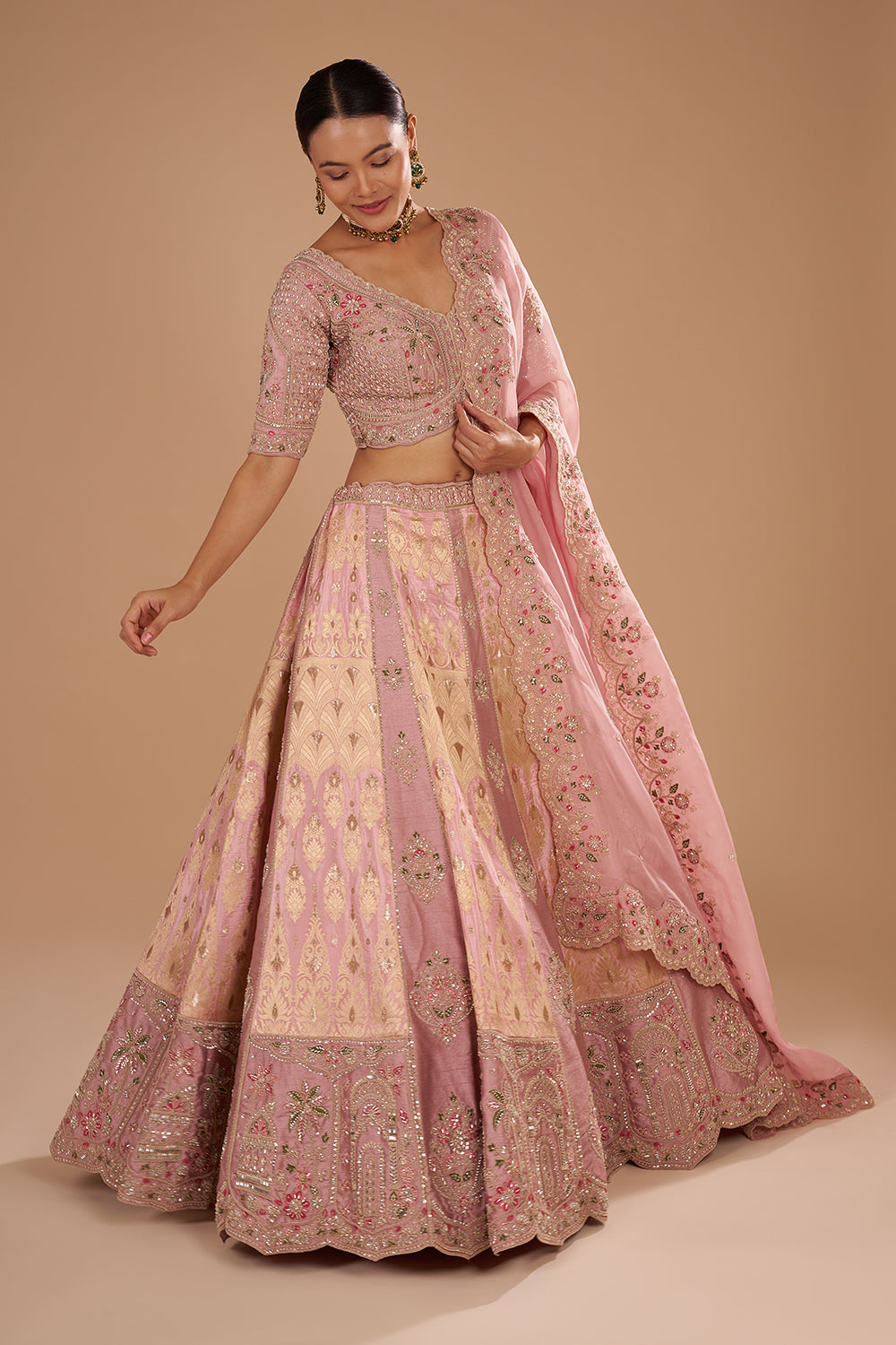 Onion Pink Pure Silk Lehenga Set with Buti Embroidery