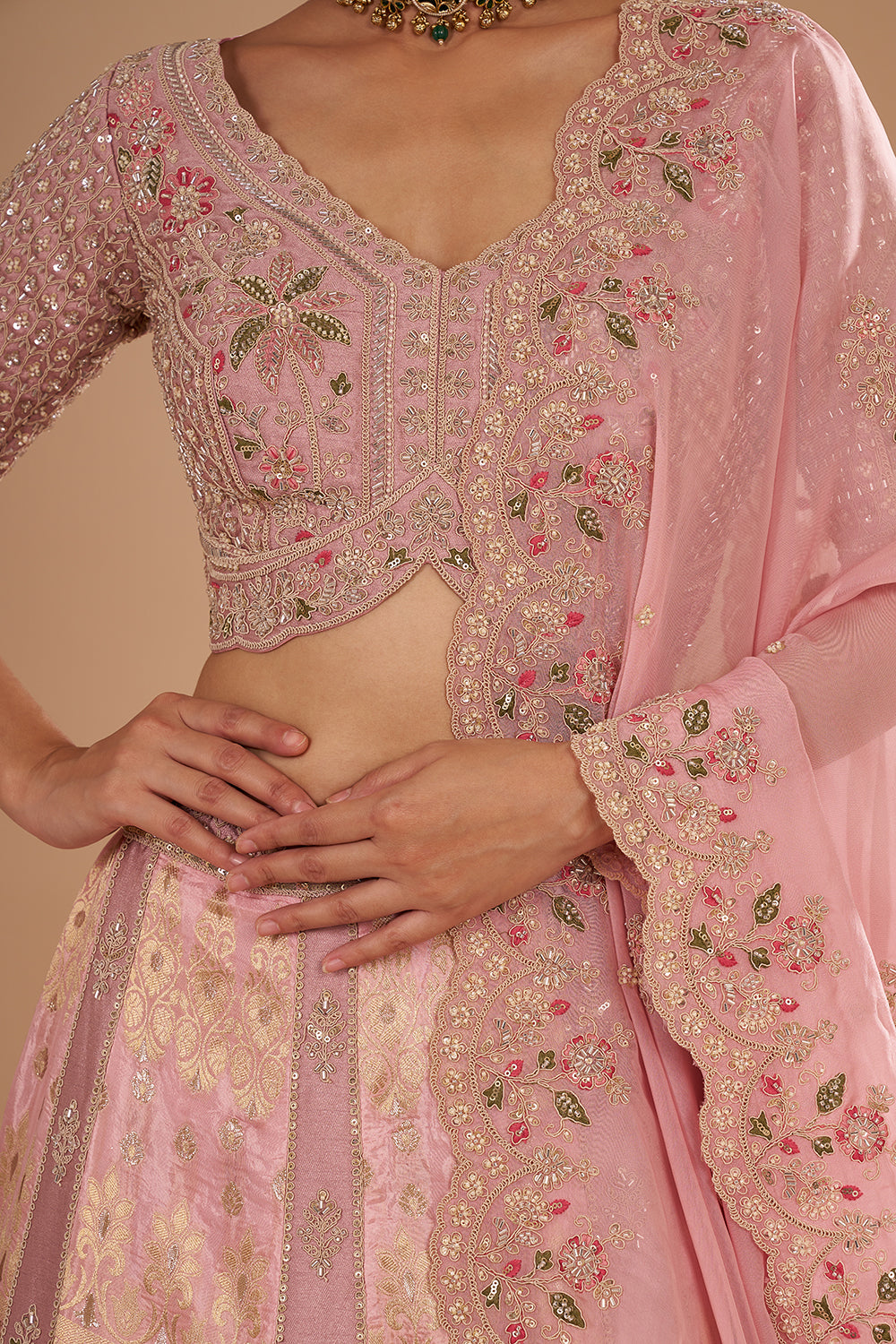 Onion Pink Pure Silk Lehenga Set with Buti Embroidery