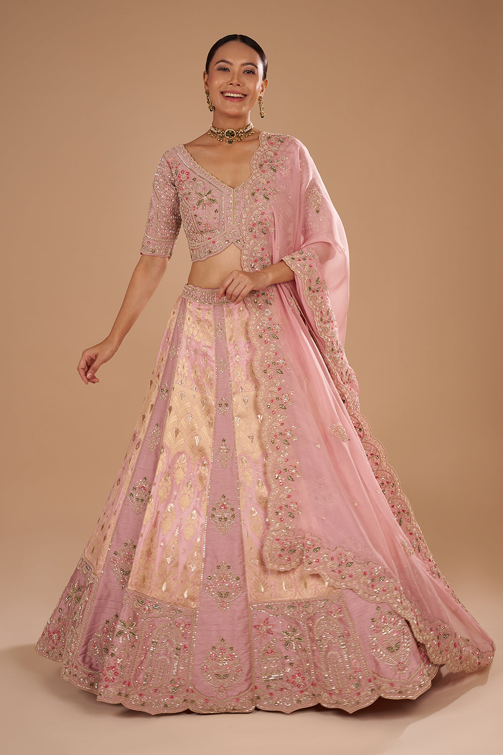Onion Pink Pure Silk Lehenga Set with Buti Embroidery