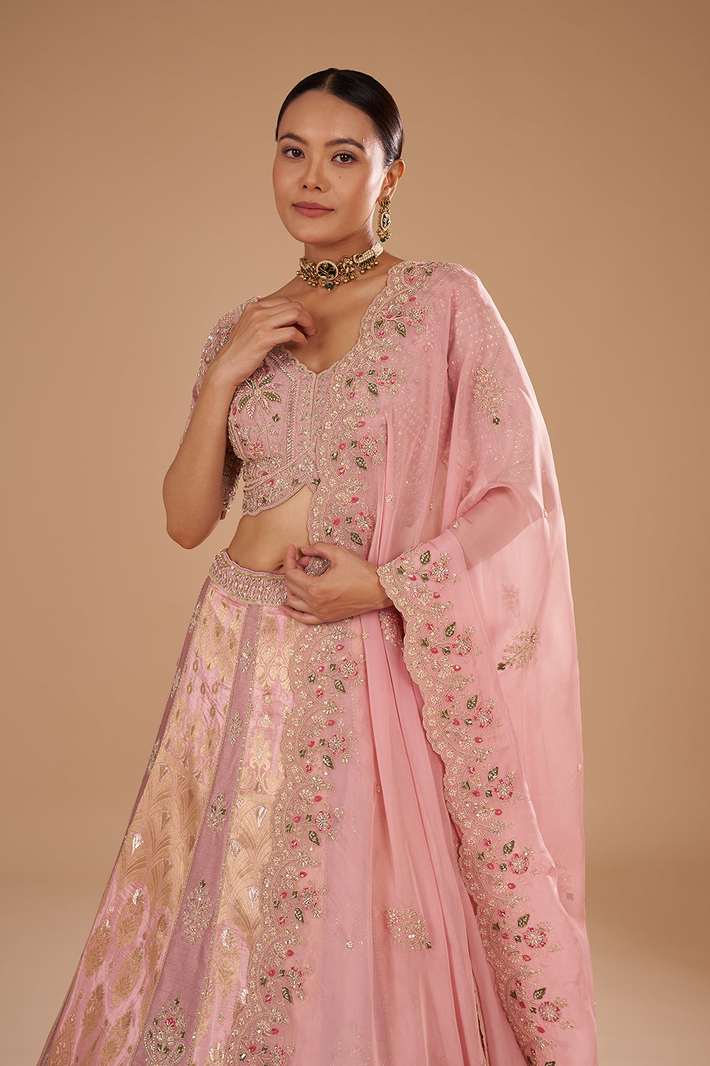 Onion Pink Pure Silk Lehenga Set with Buti Embroidery
