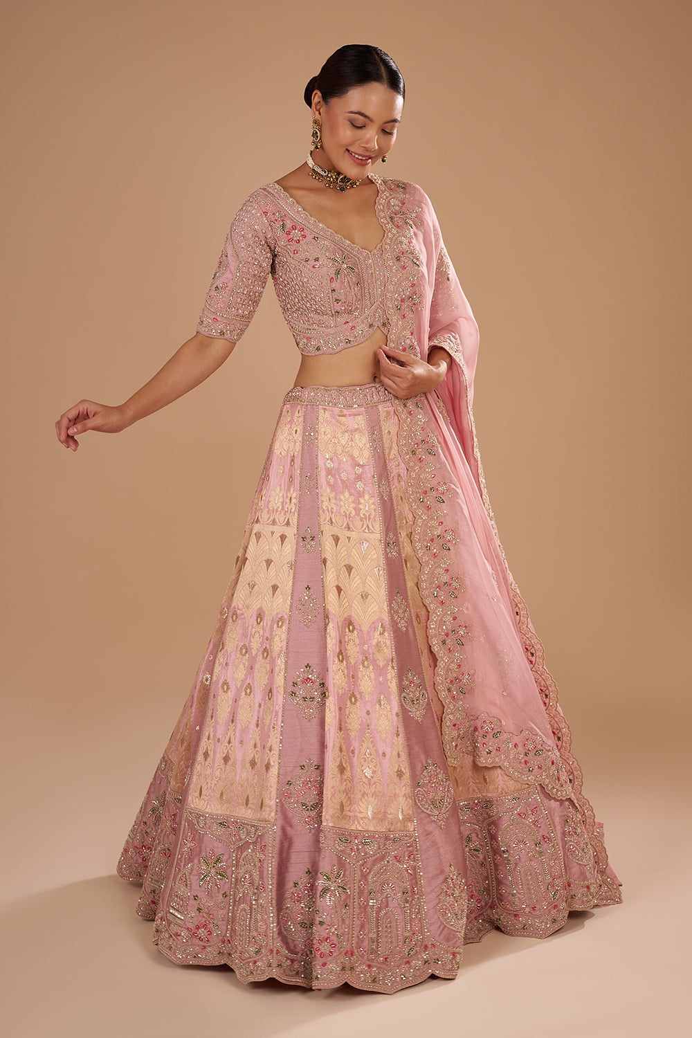 Onion Pink Pure Silk Lehenga Set with Buti Embroidery