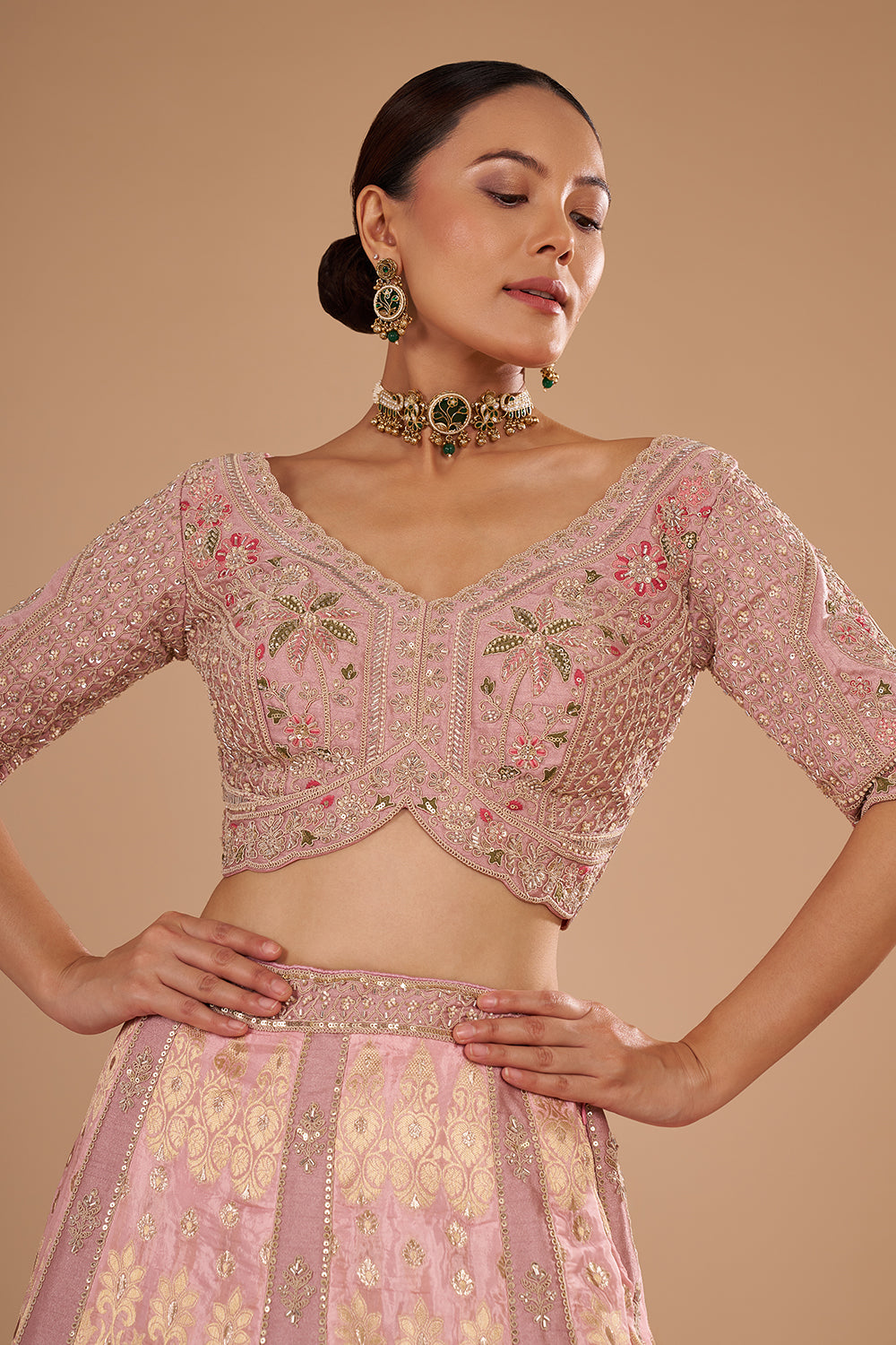 Onion Pink Pure Silk Lehenga Set with Buti Embroidery