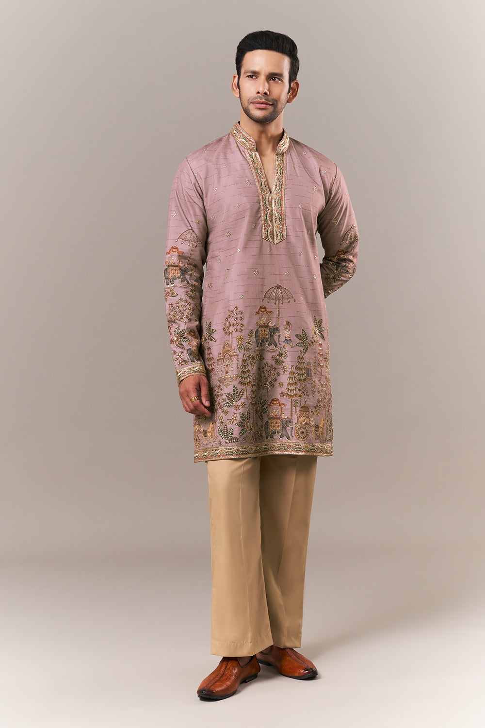 Onion Pink Raw Silk Mens Kurta Set with Resham and Sequin Work