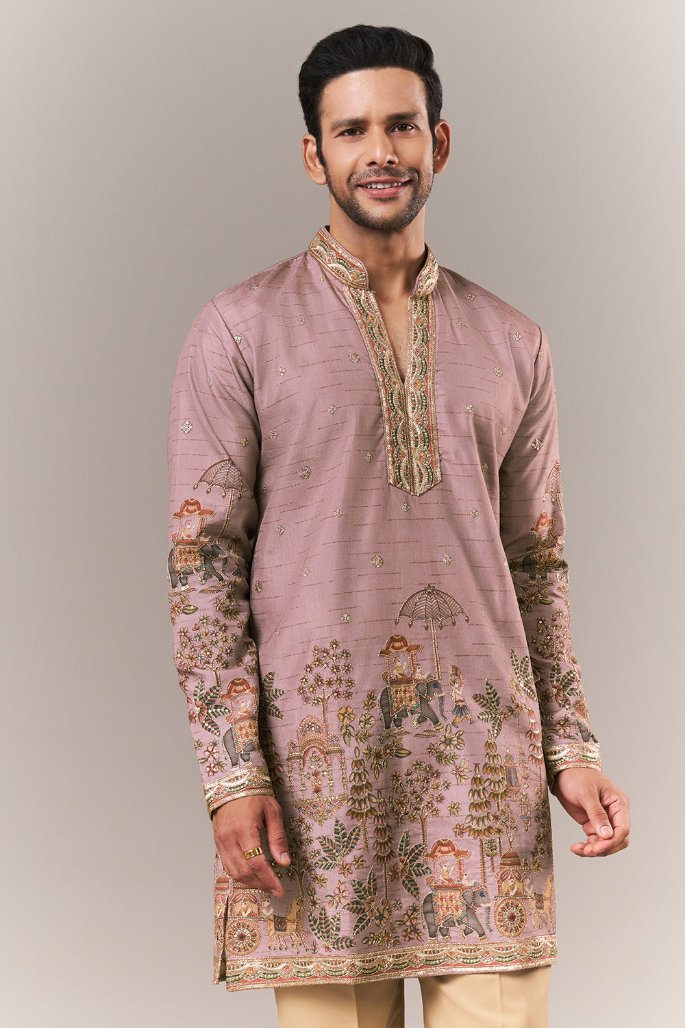 Onion Pink Raw Silk Mens Kurta Set with Resham and Sequin Work