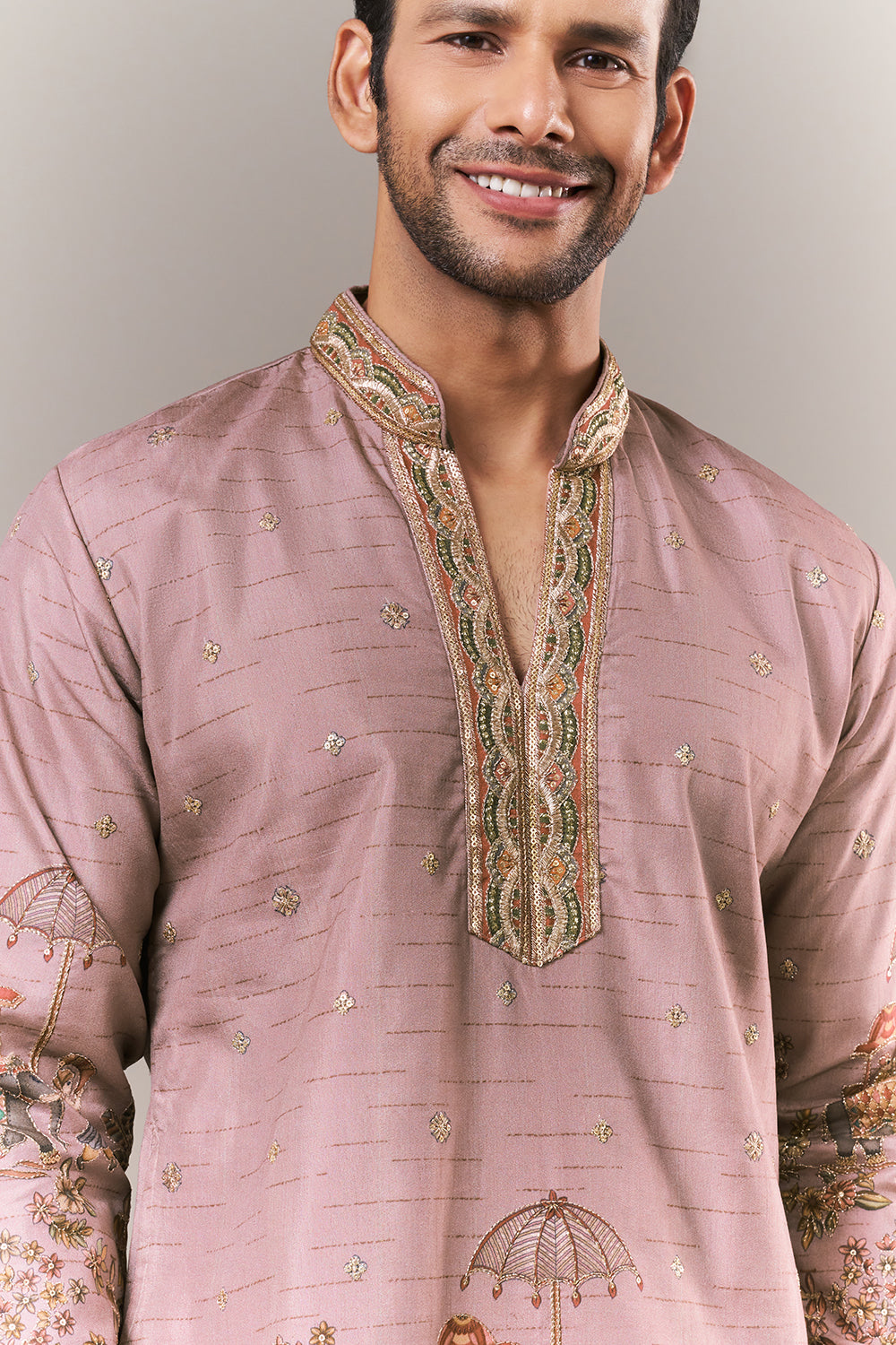 Onion Pink Raw Silk Mens Kurta Set with Resham and Sequin Work