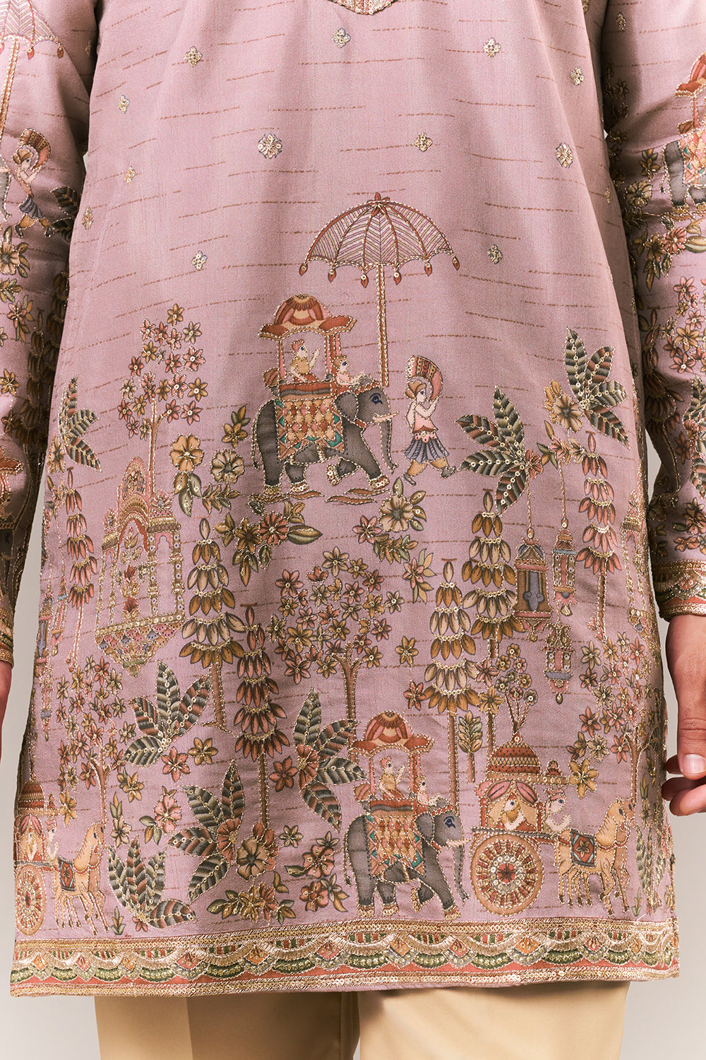 Onion Pink Raw Silk Mens Kurta Set with Resham and Sequin Work