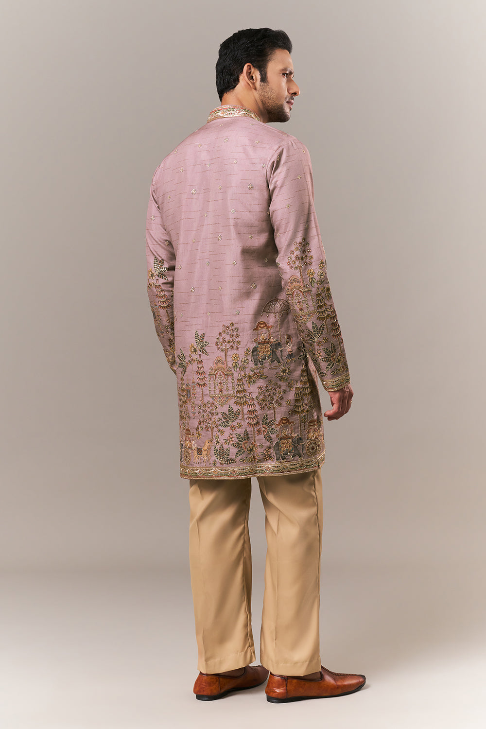 Onion Pink Raw Silk Mens Kurta Set with Resham and Sequin Work