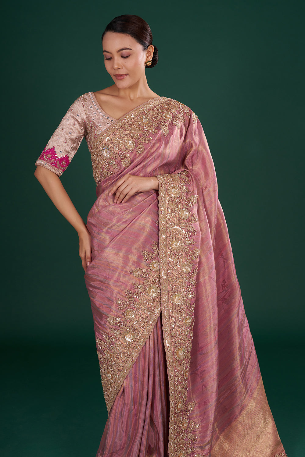 Onion pink Saree in Shimmer Tissue with Zari, Resham & Sequin Embroidery