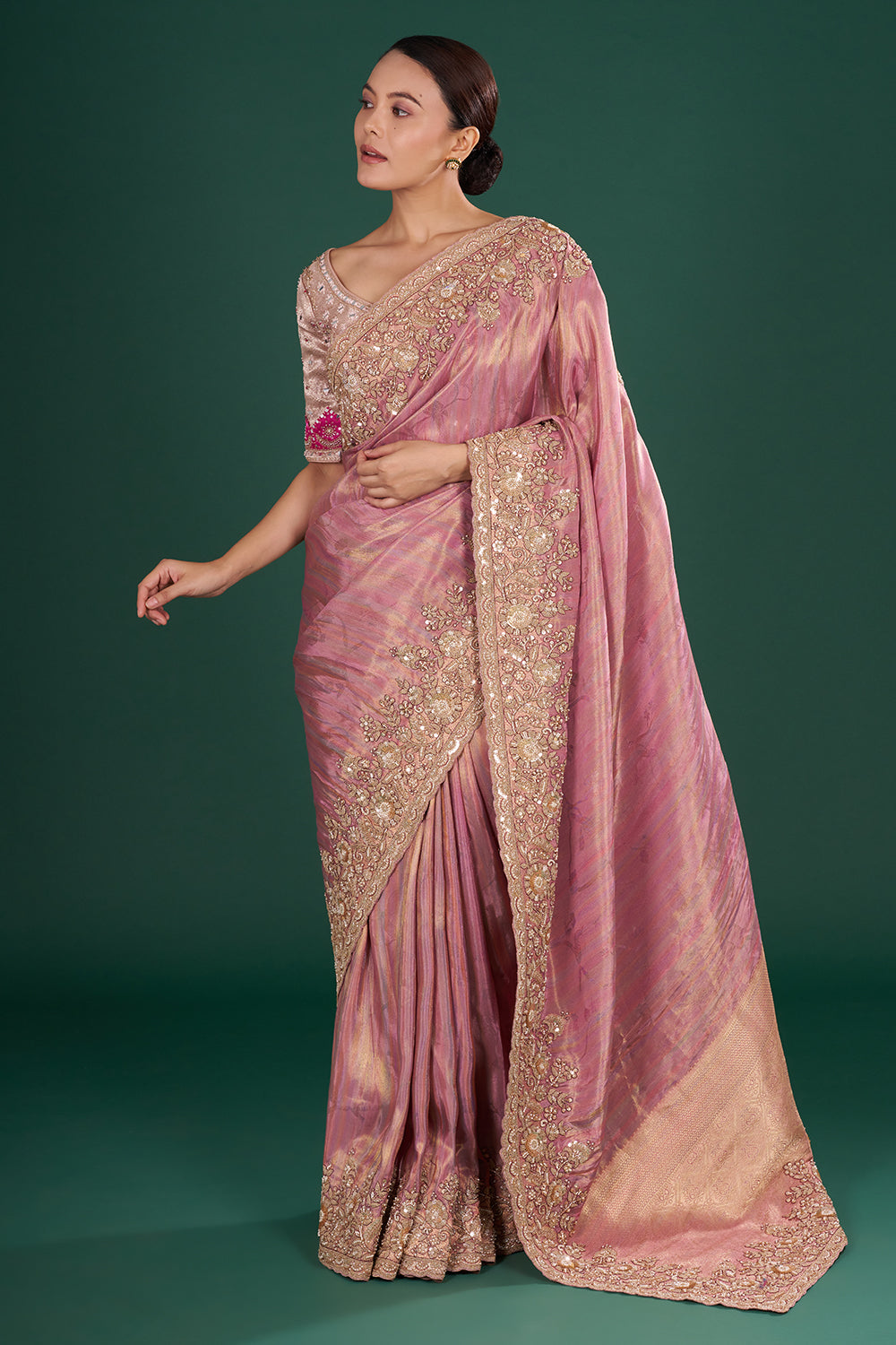 Onion pink Saree in Shimmer Tissue with Zari, Resham & Sequin Embroidery