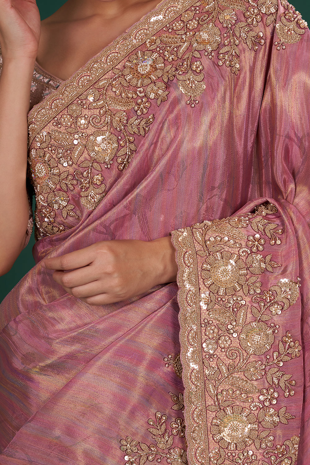 Onion pink Saree in Shimmer Tissue with Zari, Resham & Sequin Embroidery