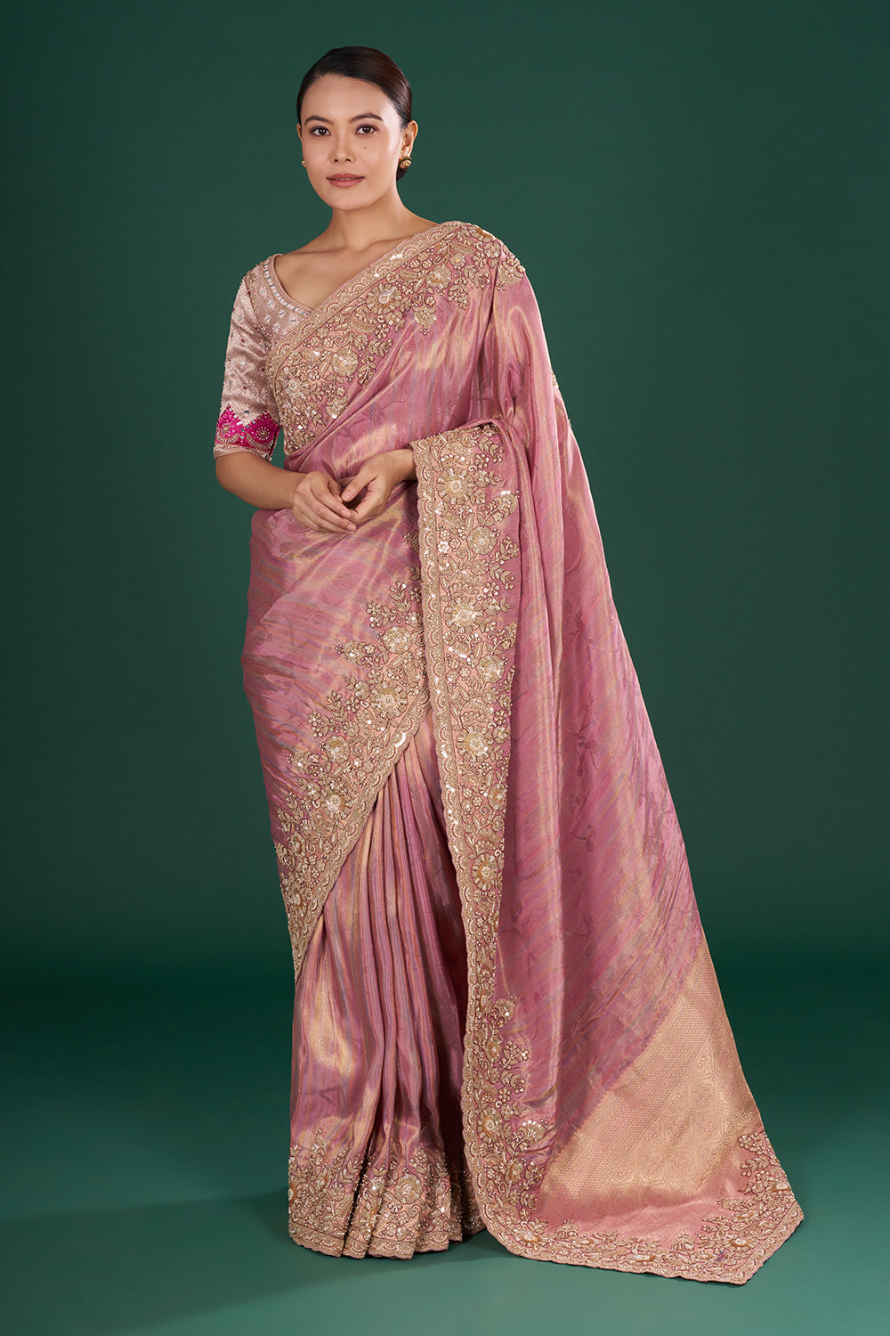 Onion pink Saree in Shimmer Tissue with Zari, Resham & Sequin Embroidery