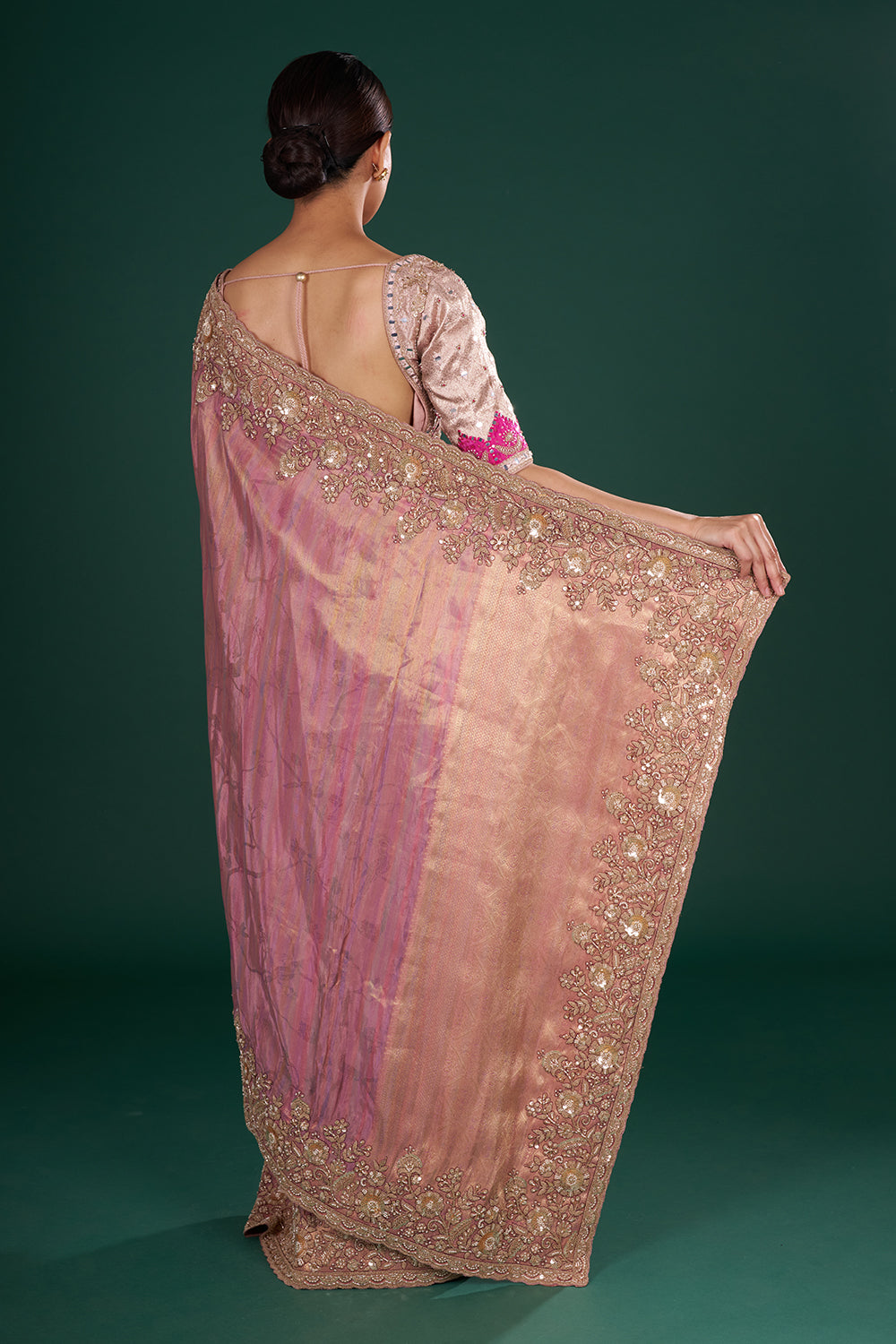 Onion pink Saree in Shimmer Tissue with Zari, Resham & Sequin Embroidery