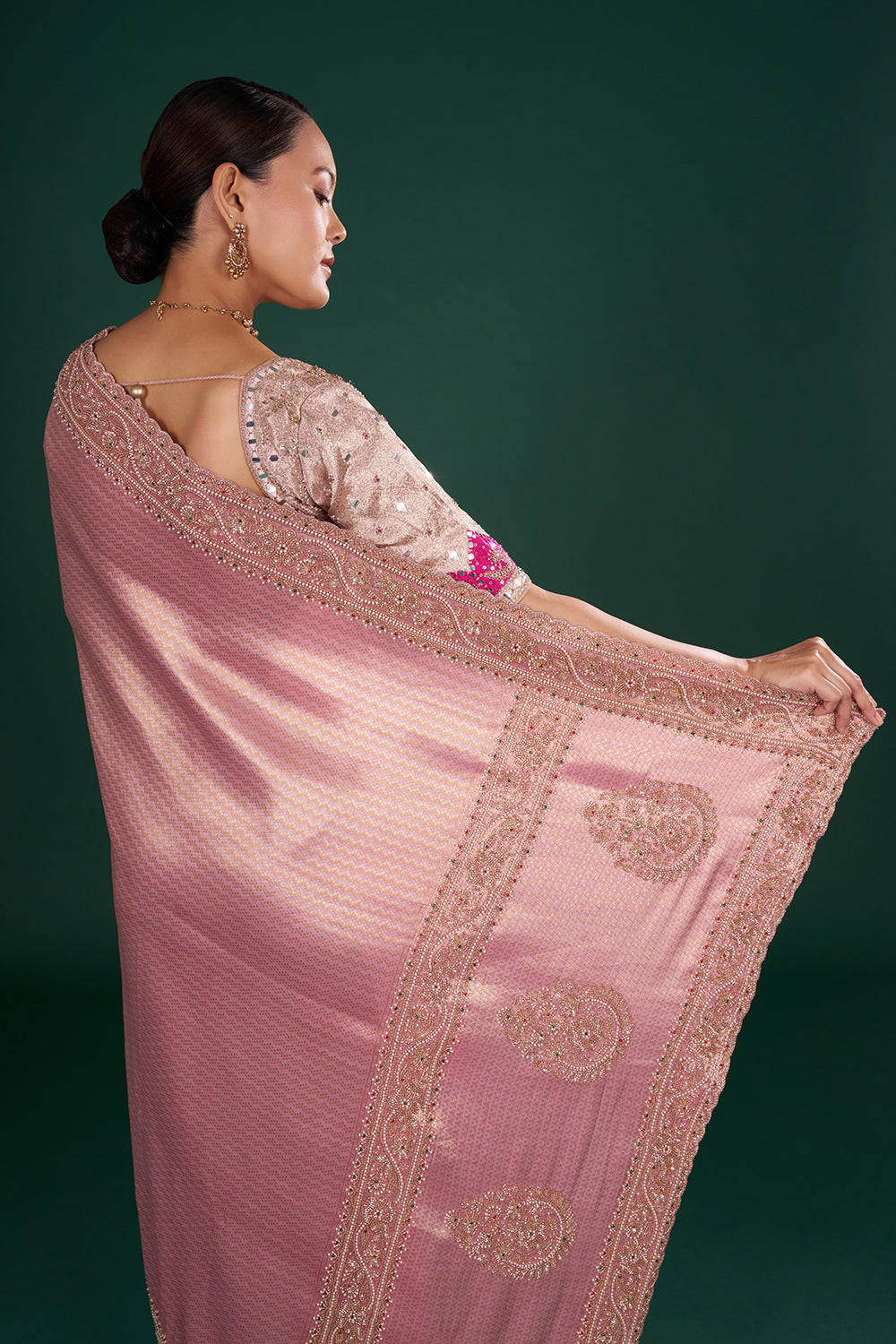 Onion Pink Shimmer Brocade Saree with Intricate Embroidery