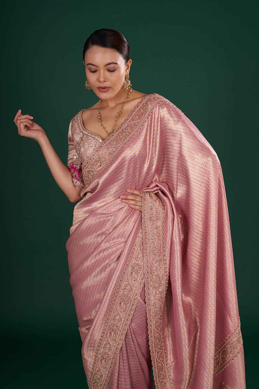 Onion Pink Shimmer Brocade Saree with Intricate Embroidery