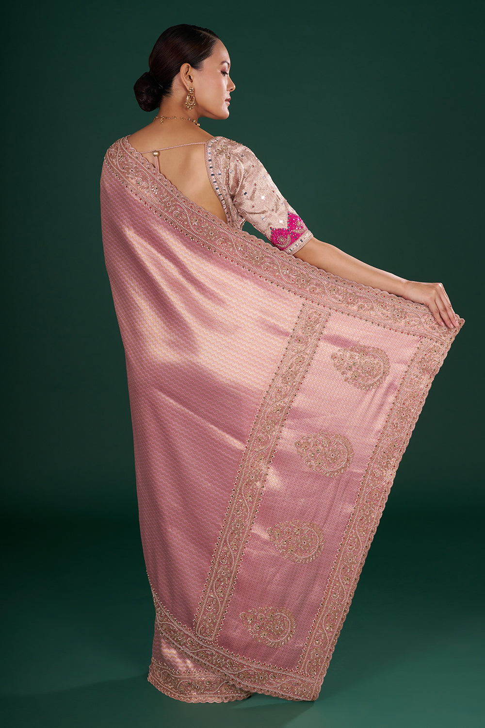 Onion Pink Shimmer Brocade Saree with Intricate Embroidery